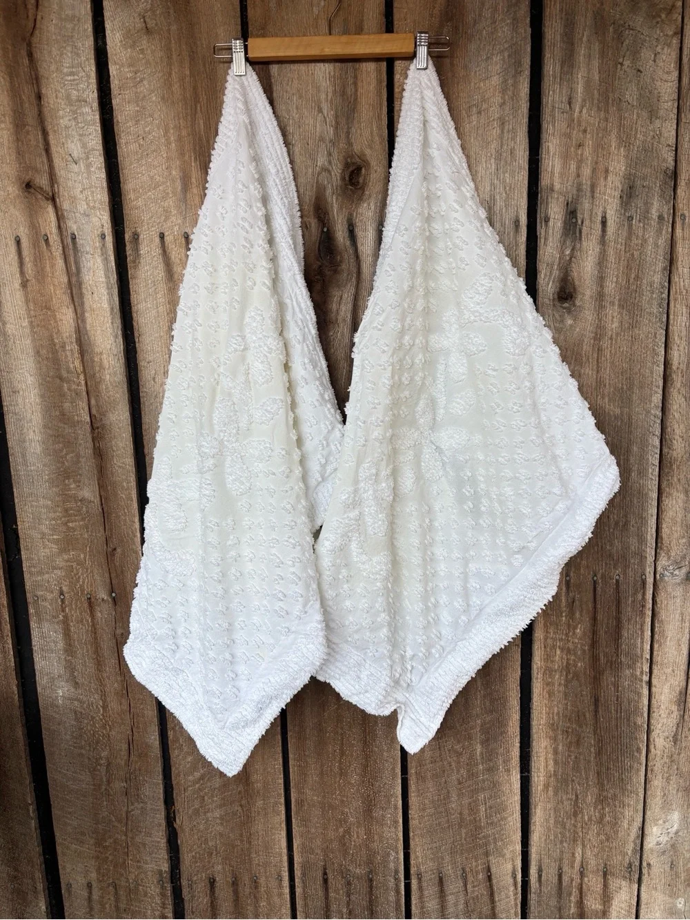 Vintage White Cotton Chenille Pillow Shams Floral Textured Fringe USA (Set of 2)